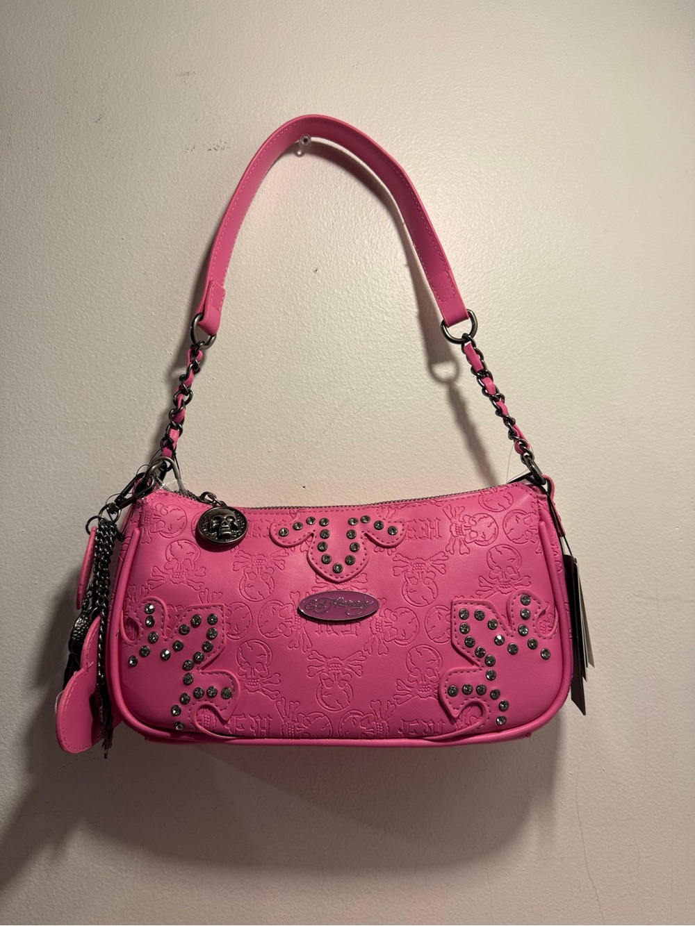 Ed Hardy Pink Studded shoulder Crossbody Purse with gothic charms NWT